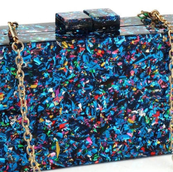 Abstract Blue Confetti Hard Case Clutch Bag Small Box Purse Chain Multicolor New - Picture 7 of 9